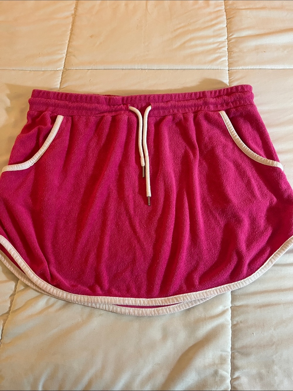 No Boundaries Bright Pink Terry Drawstring Mini Skirt with White Trim beachwear
